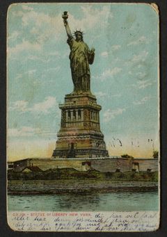 Postkort med illustrasjon av Frihetsgudinnen i New York.
