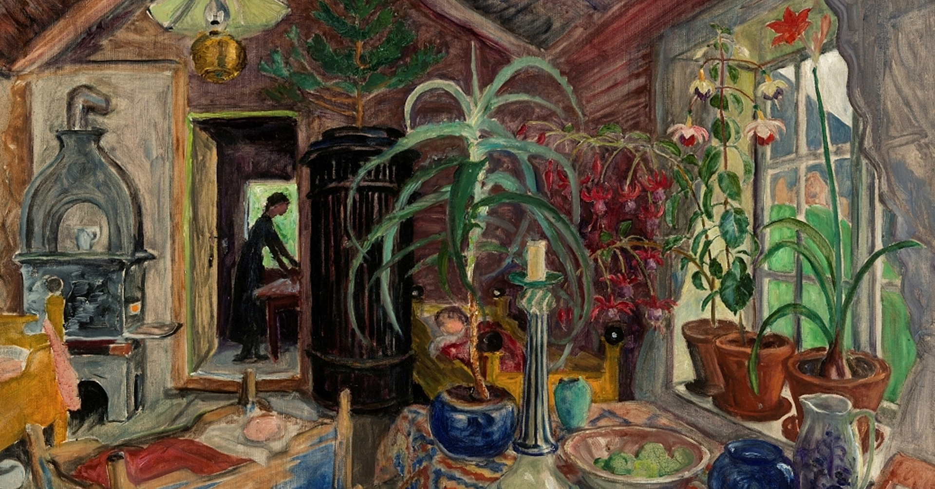 Et maleri av Nikolai Astrup fra 1926-1927, som viser et interiør med en vugge, planter, og en person i bakgrunnen.