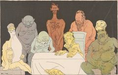 Tegning av en gruppe karikerte menn som sitter rundt et bord.