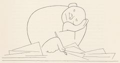 Linjetegning av en person som hviler hodet på hånden sin, mens han tegner med den andre hånden.