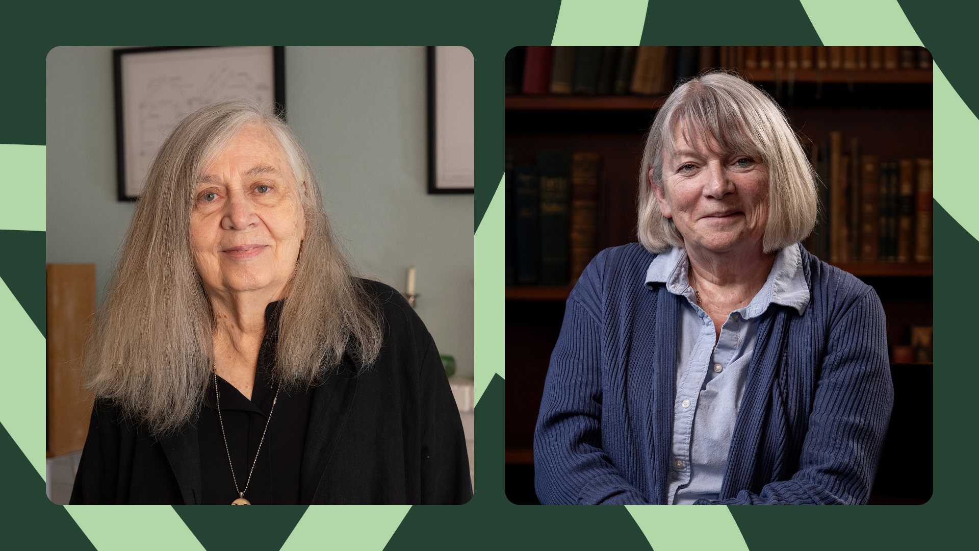 Portrett av to kvinner på ein mørk grøn bakgrunn med lys grønt mønster.