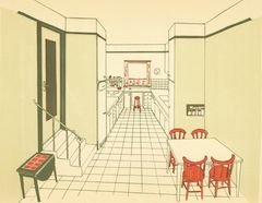 Illustrasjon av et kjøkken med bord, stoler og benk, designet i en retro stil.