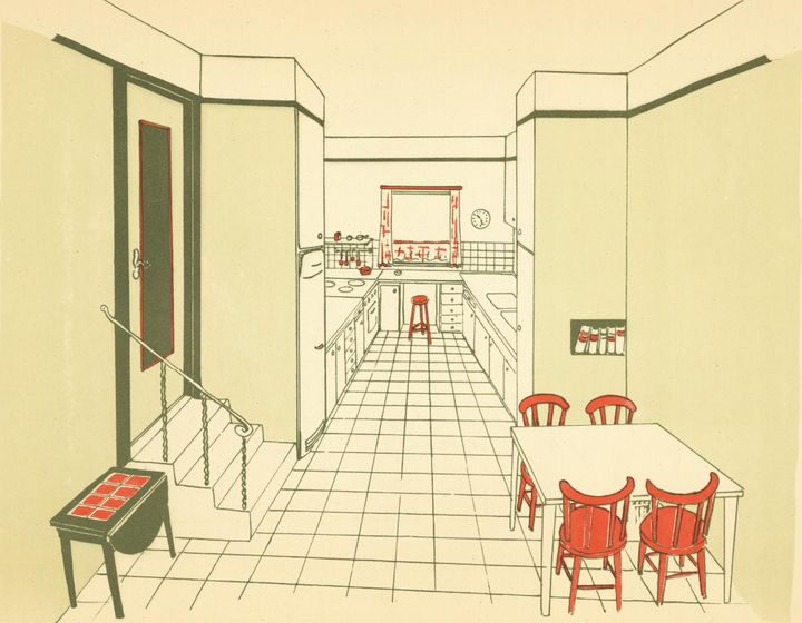 Illustrasjon%20av%20et%20kj%F8kken%20med%20bord%2C%20stoler%20og%20benk%2C%20designet%20i%20en%20retro%20stil.
