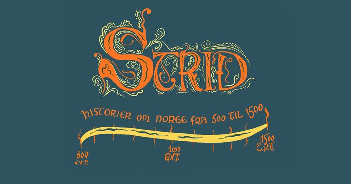 "Fargerikt illustrert tekstbilde med ordet 'Strid' og en tidslinje som viser Norges historie fra 500 til 1500."