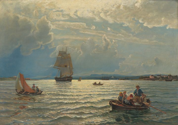 Emma%20Dahl%2C%20%ABInnseilingen%20til%20Kristiania%BB%2C%201876.%20Malt%20etter%20maleri%20av%20Hans%20Gude.