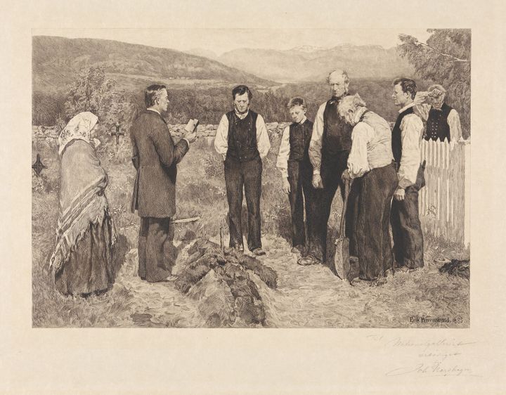 Johan%20Nordhagen%2C%20%ABEn%20bondebegravelse%BB%2C%201893-1894.%20Streketsing%20etter%20maleri%20av%20Erik%20Werenskiold.