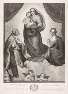 Johann Friedrich Wilhelm Müller, «Den sixtinske Madonna», 1816. Kobberstikket etter tegning av Apollonia Seydelmann, etter maleri av Rafael.