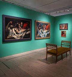 Hans Heyerdahl, «Kristi gravleggelse» (1879) og Ludvig Karsten, «Kristi gravleggelse» (1906). Begge kopi etter maleri av Ribera. Foto fra utstillingen "Kopiens verdi" i Nasjonalmuseet.