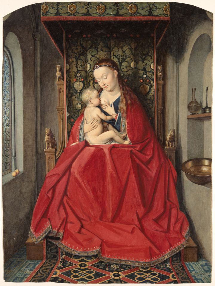 Jomfru%20Maria%20ammer%20barnet%20med%20blottet%20bryst.%20Hun%20sitter%20p%E5%20en%20trone%20dekket%20av%20et%20gr%F8nt%20m%F8nstrete%20stoff%20og%20er%20selv%20kledd%20i%20en%20r%F8d%20kappe.