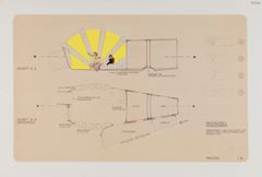 Svart-hvit arkitekttegning som viser planen til et hus tilpasset barn. Det er plassert to aktive barn i farger og et gult fargefelt på tegningen.