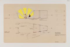 Arkitekttegning som viser planen til et hus tilpasset barn. Det er plassert to aktive barn i farger og et gult fargefelt på tegningen.