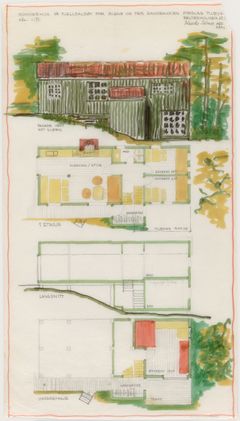 Wenche Selmer, Tilbygg til sommerhus på Fjelldalsøy, fasade og snitt, 1986. Blyant og tusj på transparentpapir. Nasjonalmuseets samling.