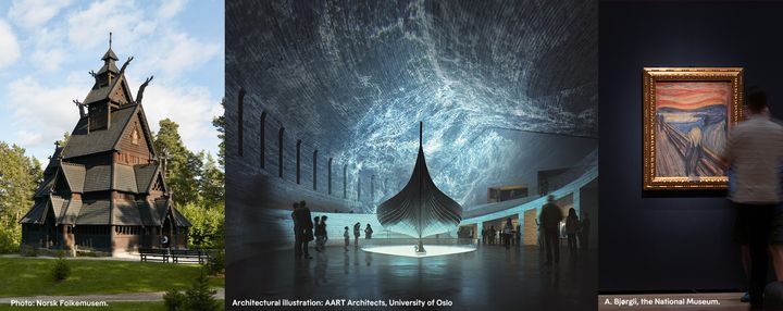 Illustrasjon, sammensatt av stavkirke, vikingskip og Munchs skrikt