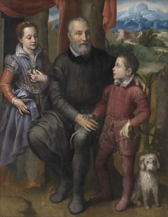 Sofonisba Anguissola, "Familieportrett med kunstnerens far Amilcare Anguissola og hennes søsken Minerva og Asdrubale", ca 1559.