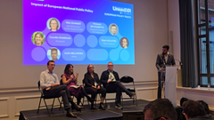 Panelsamtale under UnitedXR Europe i Brussel, moderert av VRINNs klyngeleder Keith Mellingen, med Silke Schmidt (XR Hub Bavaria), François de Charette (Frankrikes digitaldepartement), Camille Donegan (Eirmersive) og Nigel McAlpine (Digital Catapult).