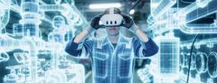 Illustrasjon av to dimensjoner av intelligens: kunstig og menneskelig, fremstilt med VR-headset.