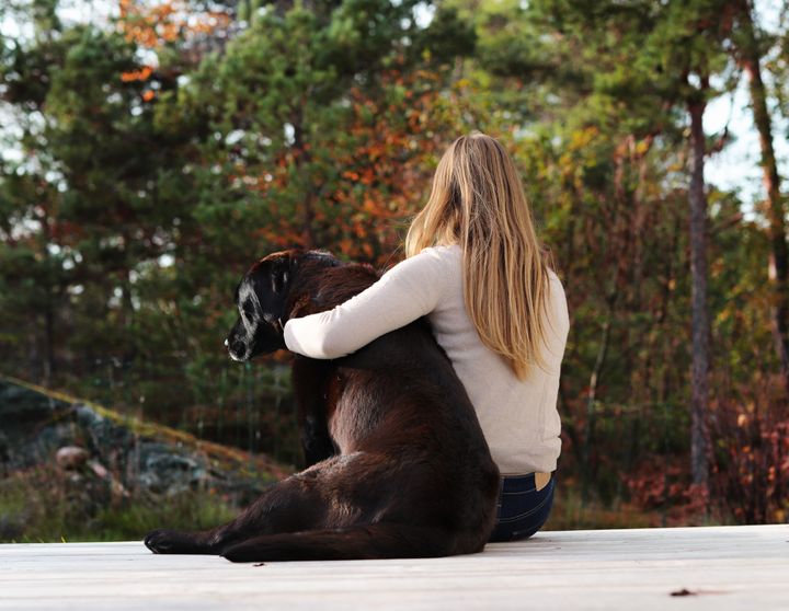En person sitter tett inntil en hund på en terrasse, omgitt av høstfargede trær.