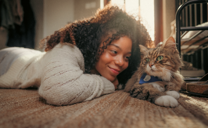 En person ligger på gulvet og ser på en katt med krøllete pels som ligger ved siden av. Begge ser avslappet ut.