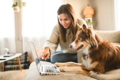 Kvinne og hund ser på en laptop sammen i en stue.