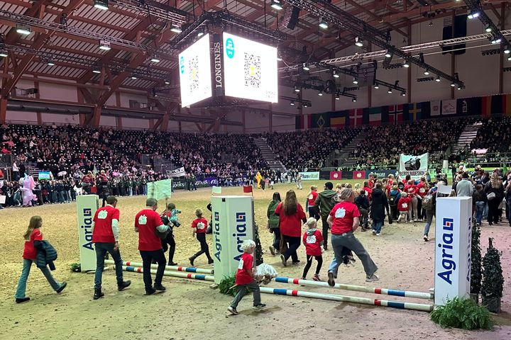 Deltakere hopper over hinder på Jump for Joy under Agria Oslo Horse Show.