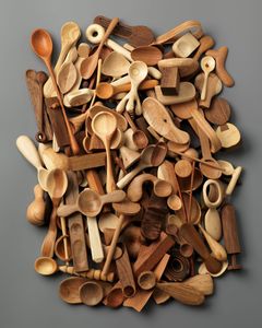 A pile of wooden spoons in different shapes, handmade.