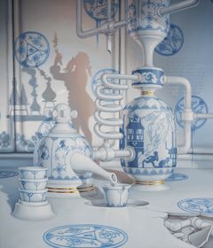 A paintig of blue and white porcelain cups and tea kettles looking like a destillery. The shadow of a figure is visble on the wall in the background.
