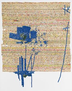 A tapestry made by bottle tops and wire with a variety of colurs like blue, red and yellow.