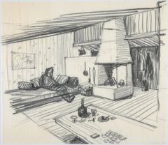 Wenche and Jens Selmer, Cabin at Roa, Norway (interior sketch), 1954