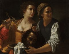 A painting showing two women, one in a yellow low-cut dress holding a sword over her right shoulder. The other is dressed in simple clothes. They hold a decapitated man's head between them, while they stand guard and look to the side.