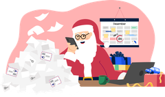 Tegning av julenisse med en stor bunke brev foran seg på et bord