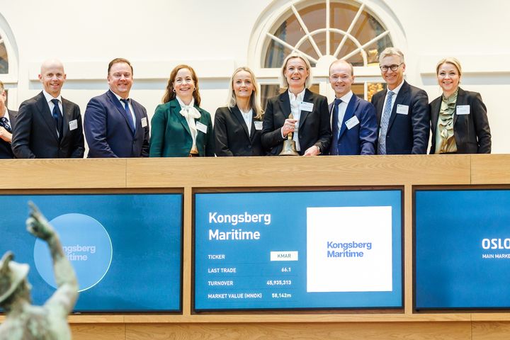 Ledergruppen i Kongsberg Maritime under børsnotering 23. april 2026.