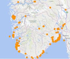 Skadekart som viser den geografiske fordelingen av skader som er meldt inn til Tryg Forsikring.