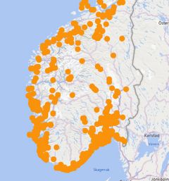 Skadekart som viser hvor Tryg har mottatt skademeldinger etter ekstremværet Amy.