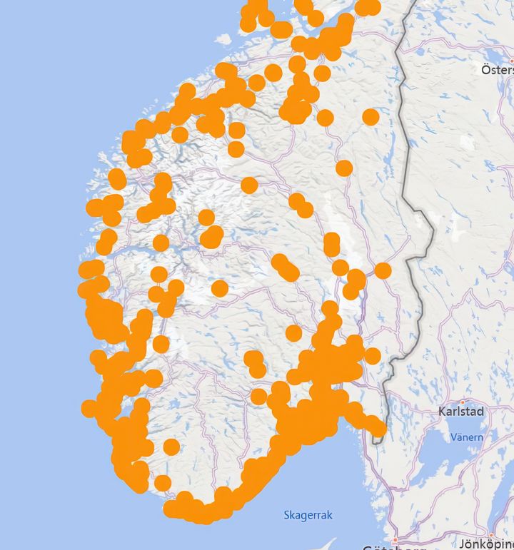 Skadekart som viser hvor Tryg har mottatt skademeldinger etter ekstremværet Amy.