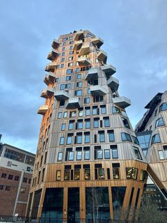 Utendørs trefasader utsettes kontinuerlig for sol, nedbør, temperatursvingninger og vind. Over tid kan dette føre til nedbrytning av materialet, endringer i overflate og økt behov for vedlikehold. Her fra et nybygg i Nydalen i Oslo.