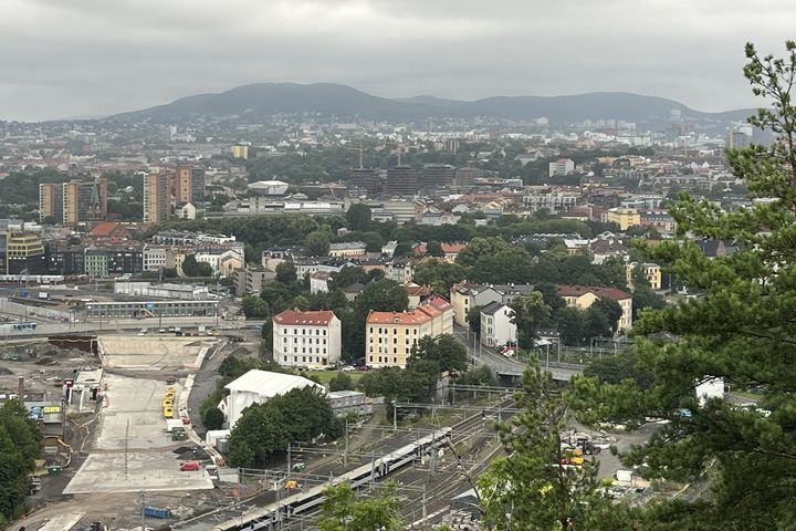 Infrastruktur og parkeringsplasser representerer også grå arealer.