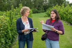 Planteforedler Amanda Moura fra James Hutton Institute kunne vise fram mulige nye ‘Ben’-solbærsorter i forsøksfeltene på Apelsvoll sammen med Anita Sønsteby, NIBIO.