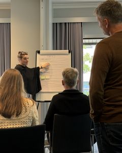 Prosjektleder Giovanna Ottaviani Aalmo går gjennom resultatene fra workshopen med resten av prosjektgruppa.
