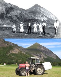 Slåttonn på Steigen i Nordland i 1930 og 2018. Arbeidskvardagen til bonden har endra seg mykje. Dagens bonde er ein driftsleiar med mange fleire oppgåver enn rein produksjon.