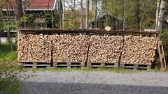 For å sjekke om veden er tørr nok kan du tørke et stykke av veden i en ovn i ett døgn. Hundre grader er greit, ikke mer! Differansen i vekt før og etter gir deg vannet som har fordampet ovnen. Bildet viser et fint oppsett for luftig tørking av ved under et enkelt tak i vårmånedene mars, april og mai.