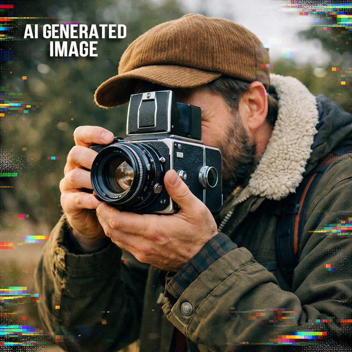En person med skjegg tar bilde med et gammelt, analogt kamera, iført brunt cordlue og jakke med pelskrage. Tekst: "AI GENERATED IMAGE". Med andre ord - det haster å få på plass fotograf.