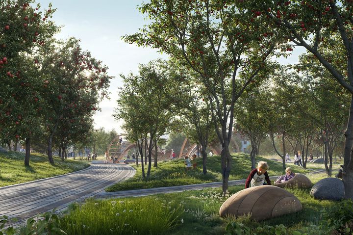 Skisse av hvordan parken i Gran sentrum kan se ut.