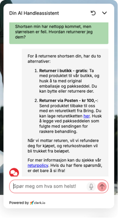 Brukeren spør AI-chatboten: "Hvordan returnere en vare?"