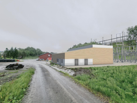 Visualisering av nye Bruvoll trafostasjon med trafoceller og utendørs bryteranlegg.