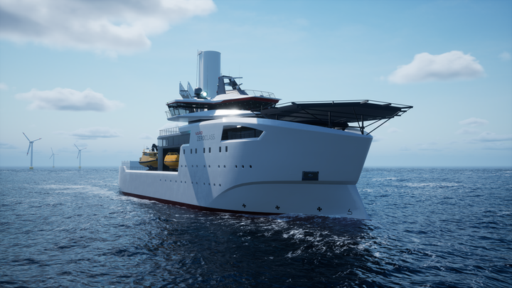 Et moderne fartøy med VARDs design for en miljøvennlig SOV VARD Zero Class til havs, med vindmøller i bakgrunnen.