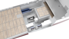 Tredimensjonal modell av et interiør med trepaneler og teknisk utstyr.