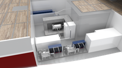 Illustrasjon av et skip med en konstruert system som viser indre strukturer og maskineri.