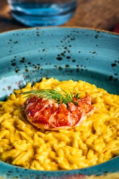 Risotto toppet med hummer og dill servert på en blå tallerken.