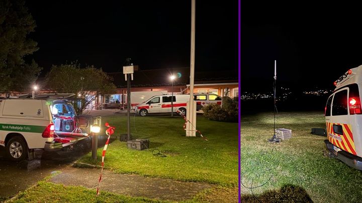 De mobile basestasjonene i drift på Tolga i Innlandet (fra venstre) og Eidsvåg i Møre og Romsdal under ekstremværet Amy. Foto: Norsk Folkehjelp