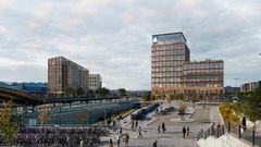 Illustrasjon fra Bane NOR: Slik kan Akershus fylkes nye fylkeshus se ut om Nordre Follo og Ski blir valgt som beliggenhet. Med beliggenhet midt på Ski stasjon vil det bare være 11 minutter å pendle til arbeid for de som evt. blir å pendle fra Oslo sentrum med Follobanen.